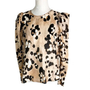 H&M Linen Blend Animal Print Puff Sleeve Top Beige Size S